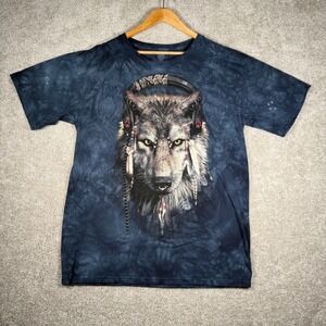 The Mountain Men's Large Blue Tie Dye Gray Wolf‎ Headphones SS Graphic T Shirt